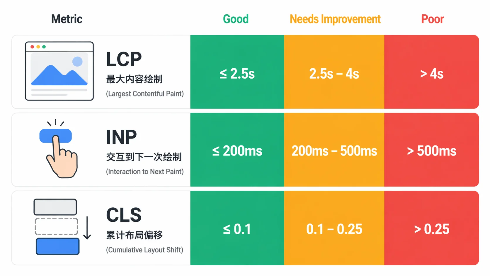 LCP INP CLS 三大指标阈值对比图