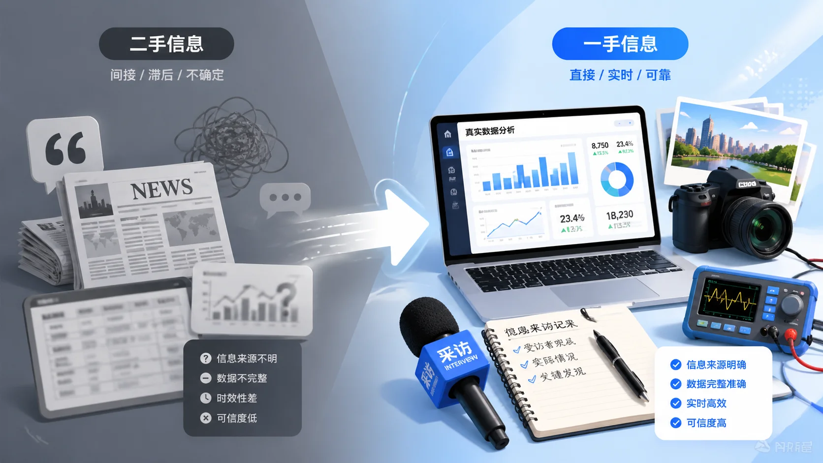 二手信息与一手信息对比图，展示原创素材的重要性