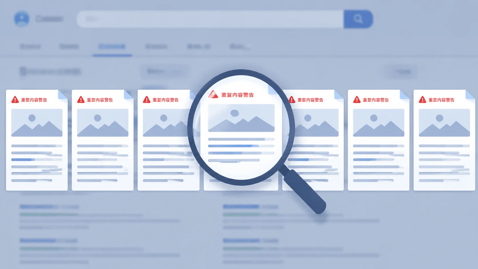 AI 内容同质化问题示意图，多个相似文档排列展示内容重复