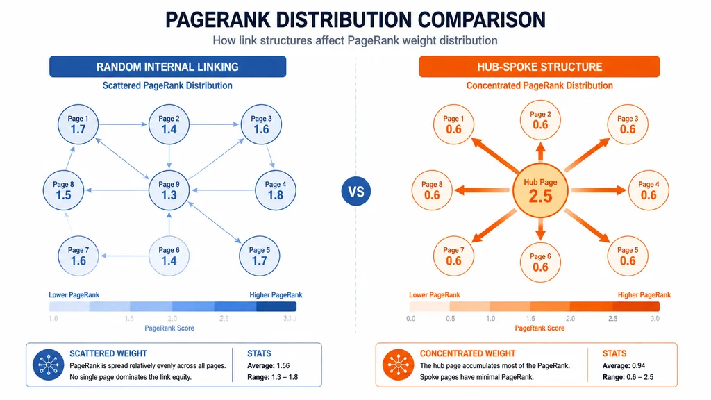 PageRank 权重分配对比图：随机互链 vs Hub-Spoke 结构的权重流向，16:9 横向 1024x576